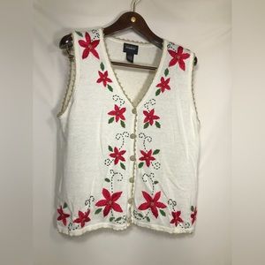 Designs Originals L Studio Joy Christmas Sweater Vest Poinsettia Women